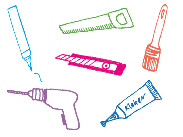 Stift, Säge, Pinsel, Japanmesser, Bohrmaschine, Klebstoff