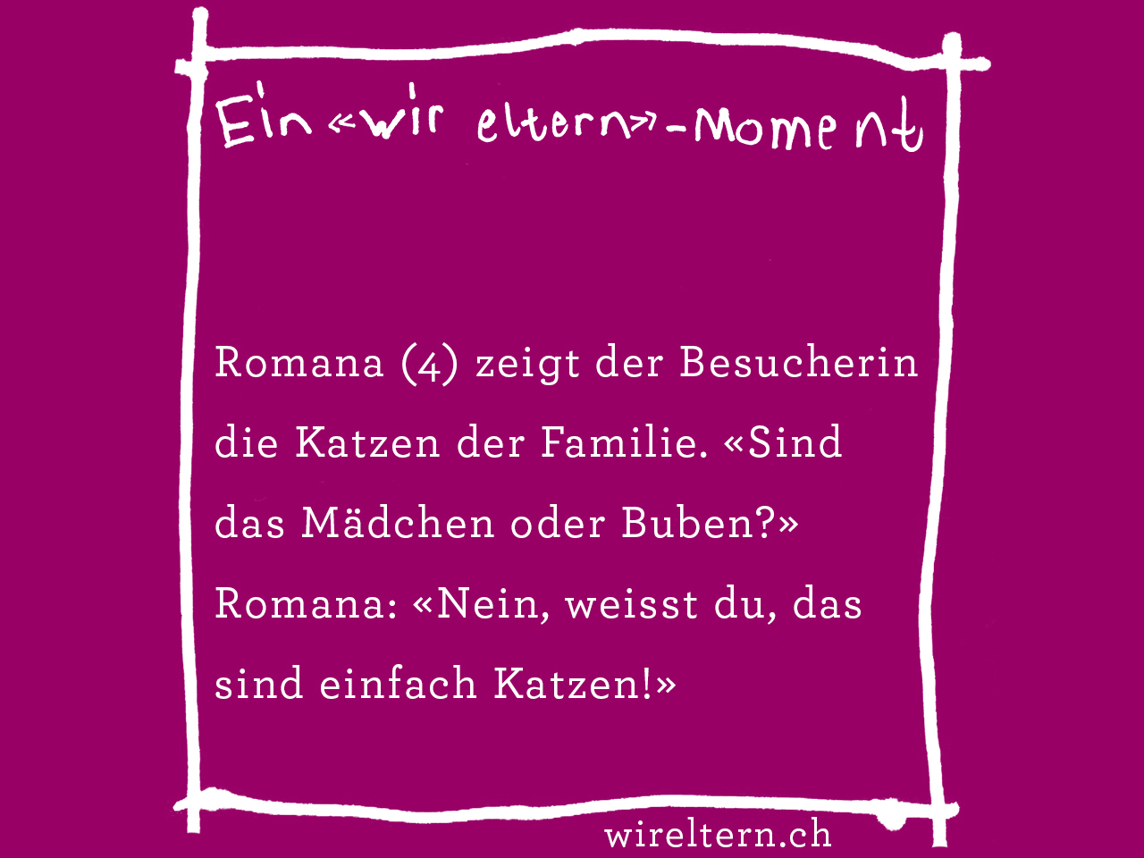 Romana (4) zeigt der Besucherin die Katzen der Familie. «Sind das Mädchen oder Buben?» Romana: «Nein, weisst du, das sind einfach Katzen!»